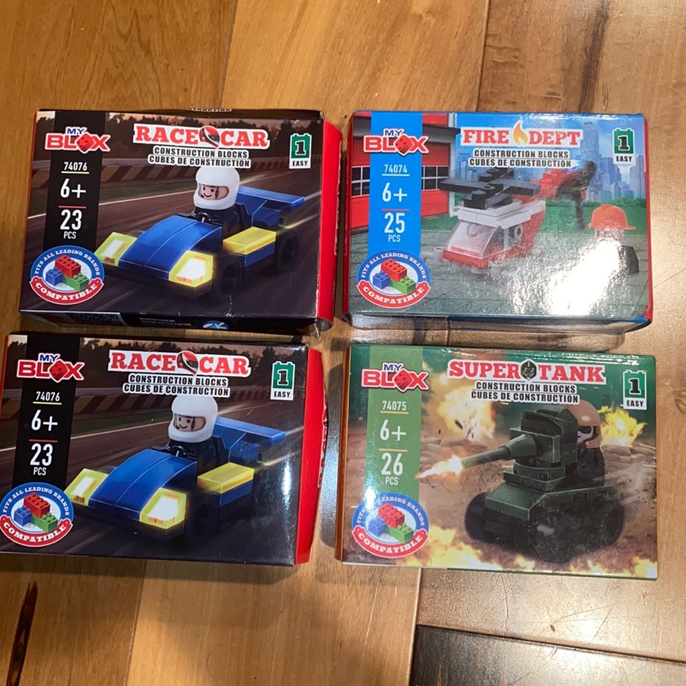 NIB~ (LOT OF 4) MY BLOX CONSTRUCTION BLOCKS~ RACECAR, HELICOPTER, TANK